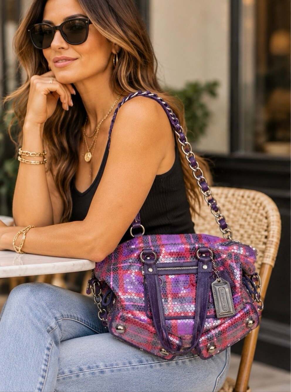 Coach Poppy Spotlight Tote 15890 Sequin Tartan Plaid Purple Y2K Bag Box Receipt